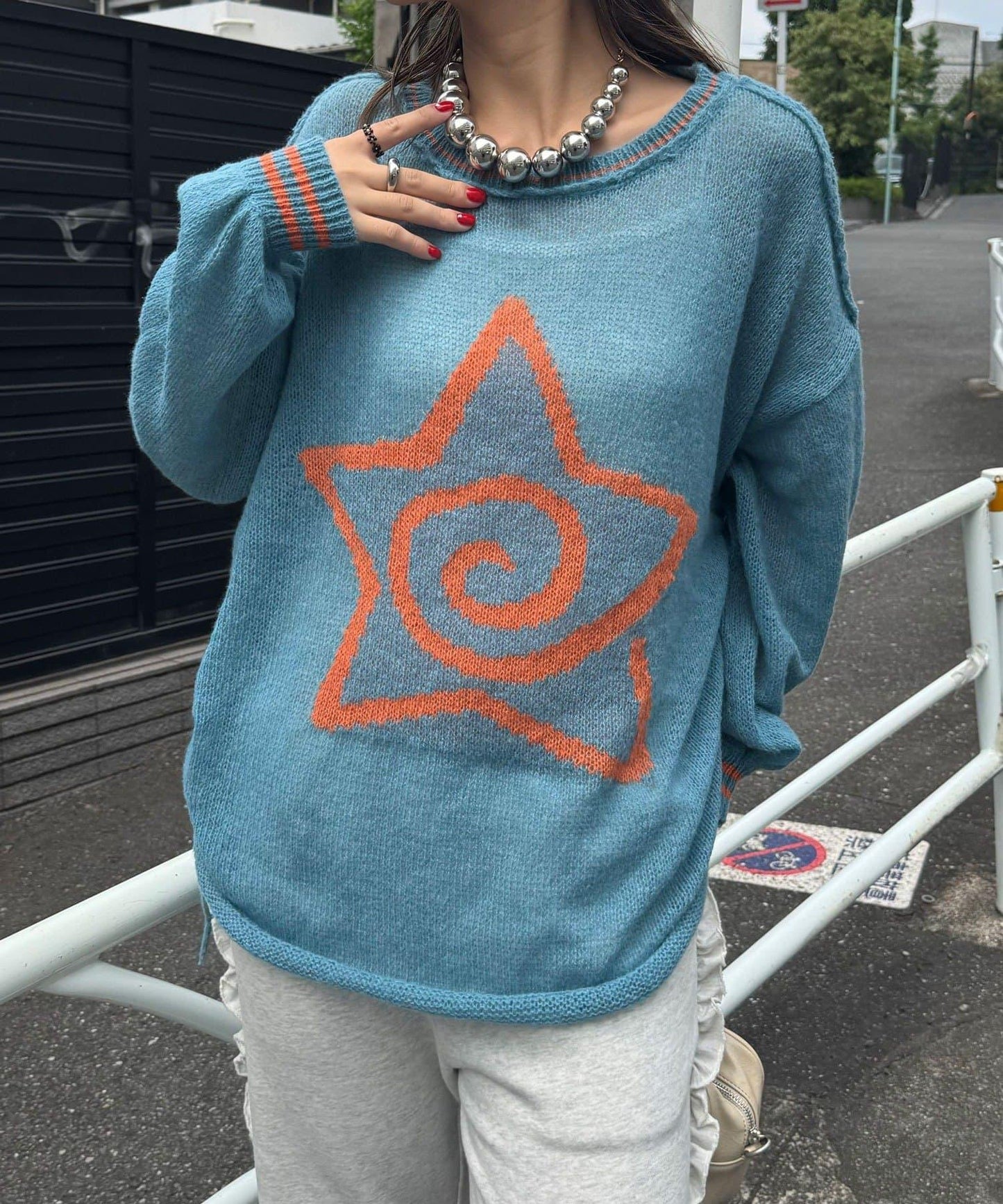 星標徽標荷葉邊透視針織衫