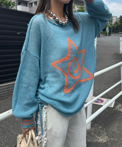 星標徽標荷葉邊透視針織衫