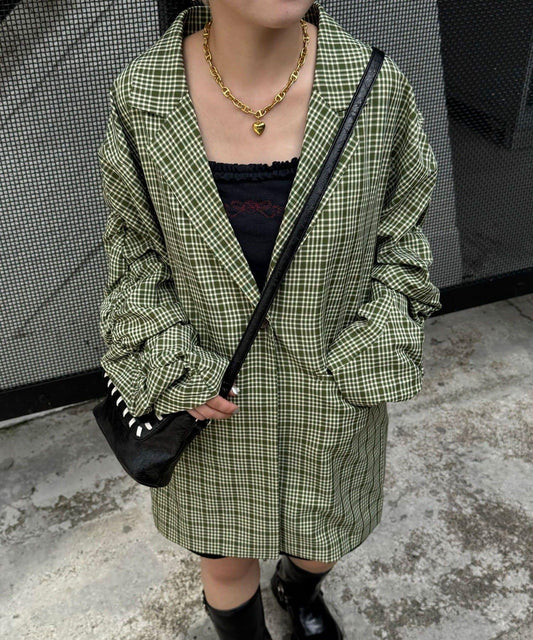 袖口褶皺格紋大爺夾克