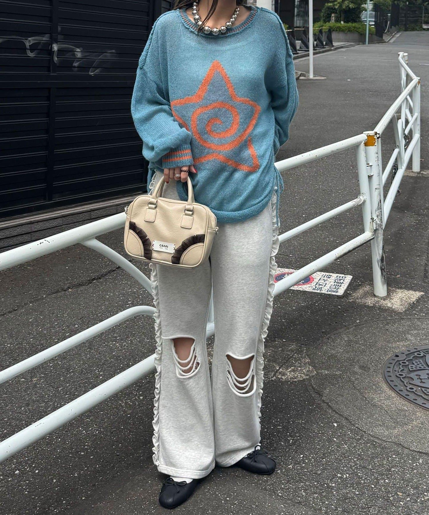 星標徽標荷葉邊透視針織衫