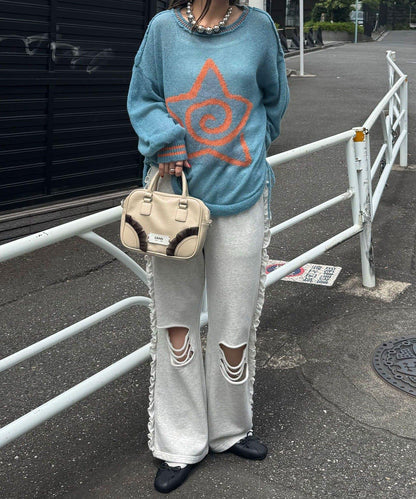 星標徽標荷葉邊透視針織衫