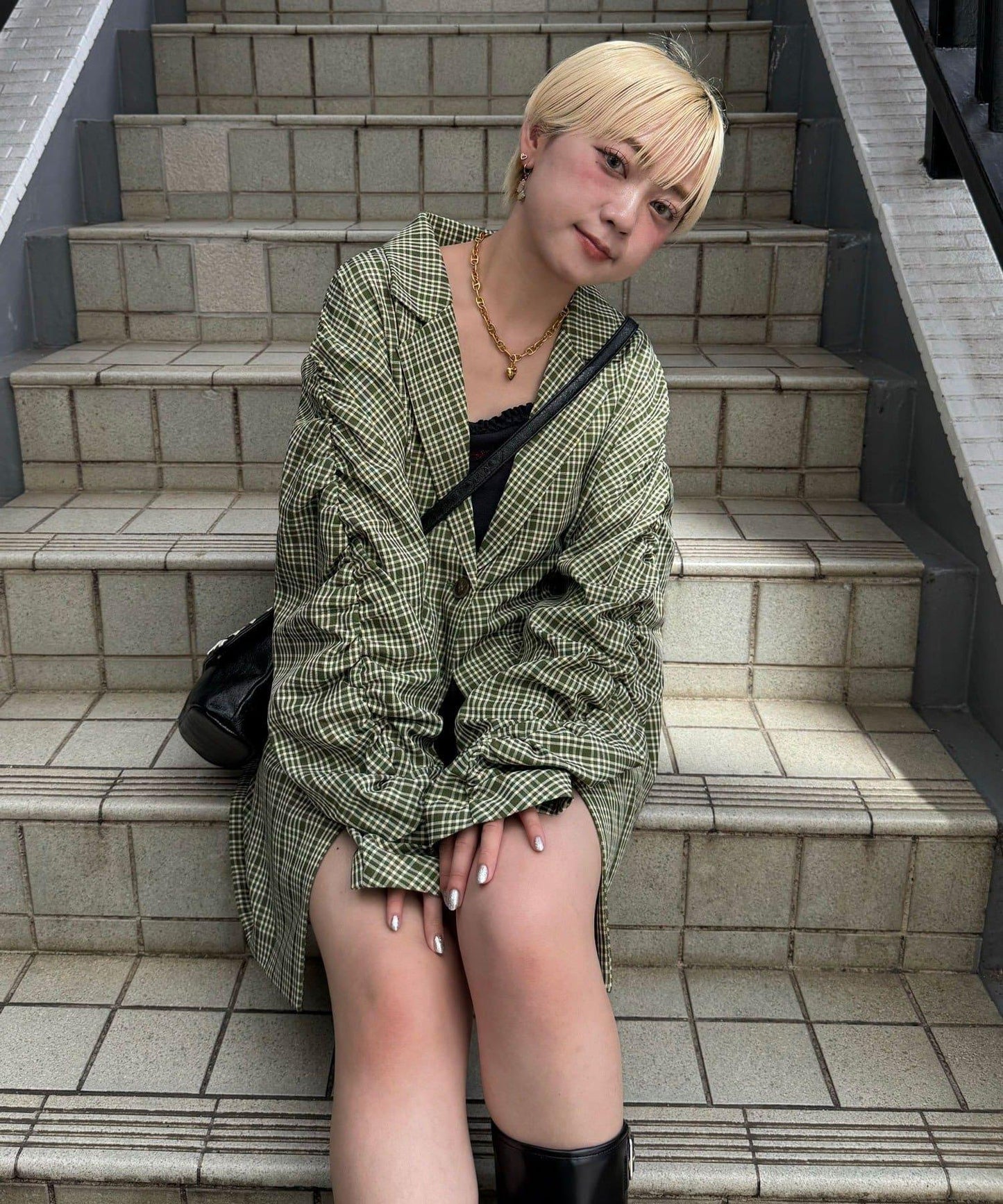 袖口褶皺格紋大爺夾克