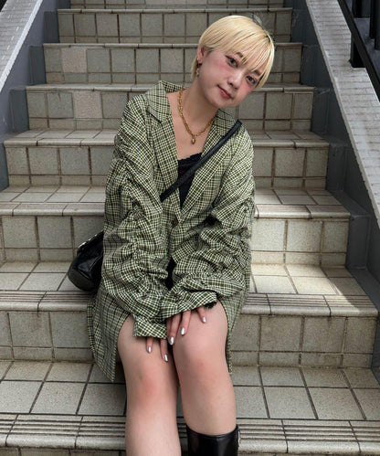 袖口褶皺格紋大爺夾克