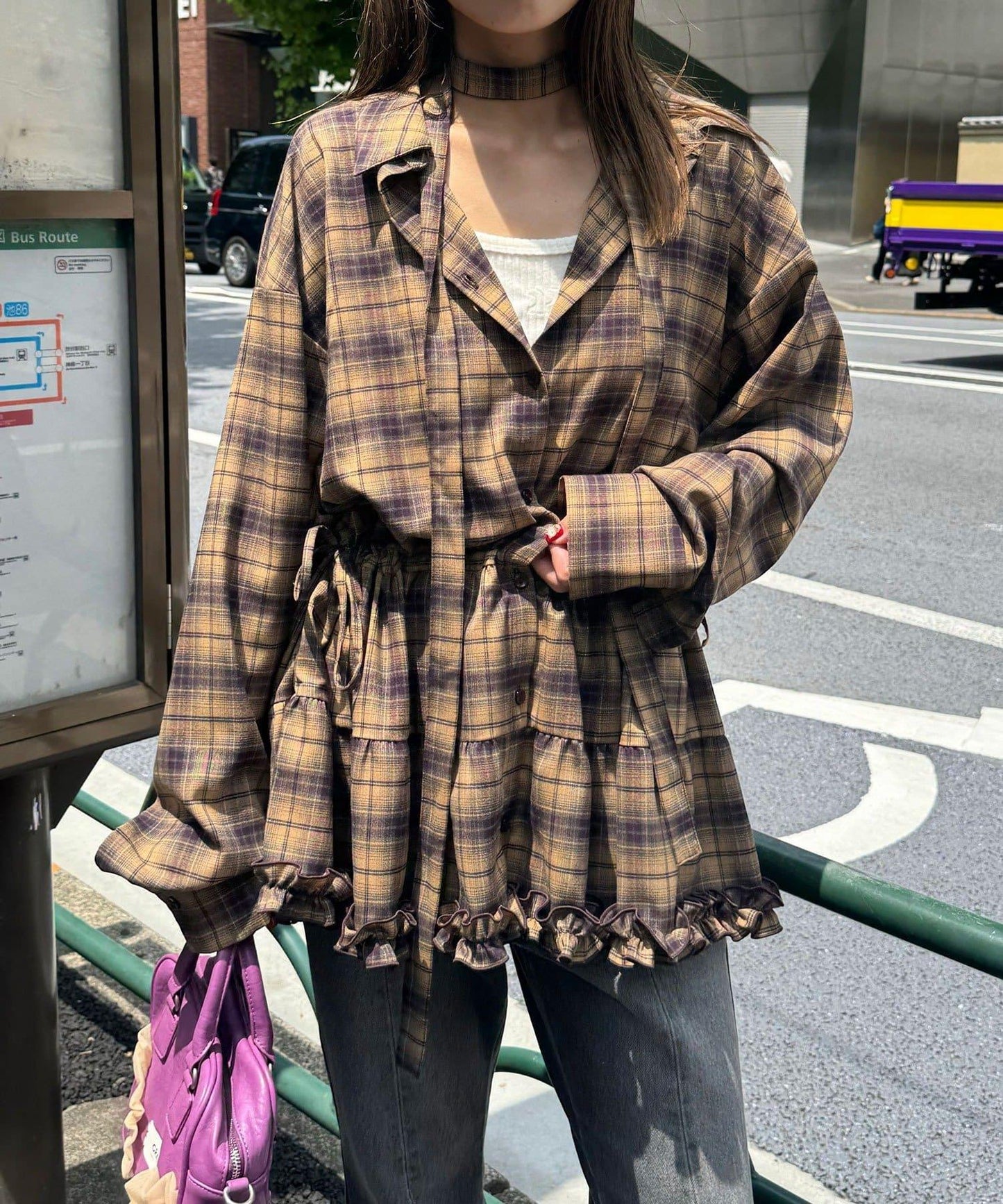 蝴蝶結領下襬層疊格子襯衫連衣裙