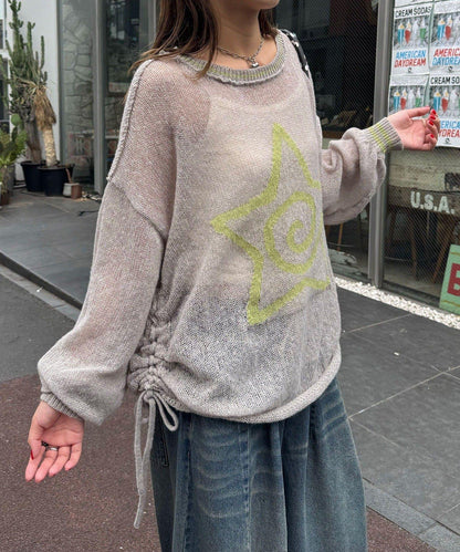 星標徽標荷葉邊透視針織衫