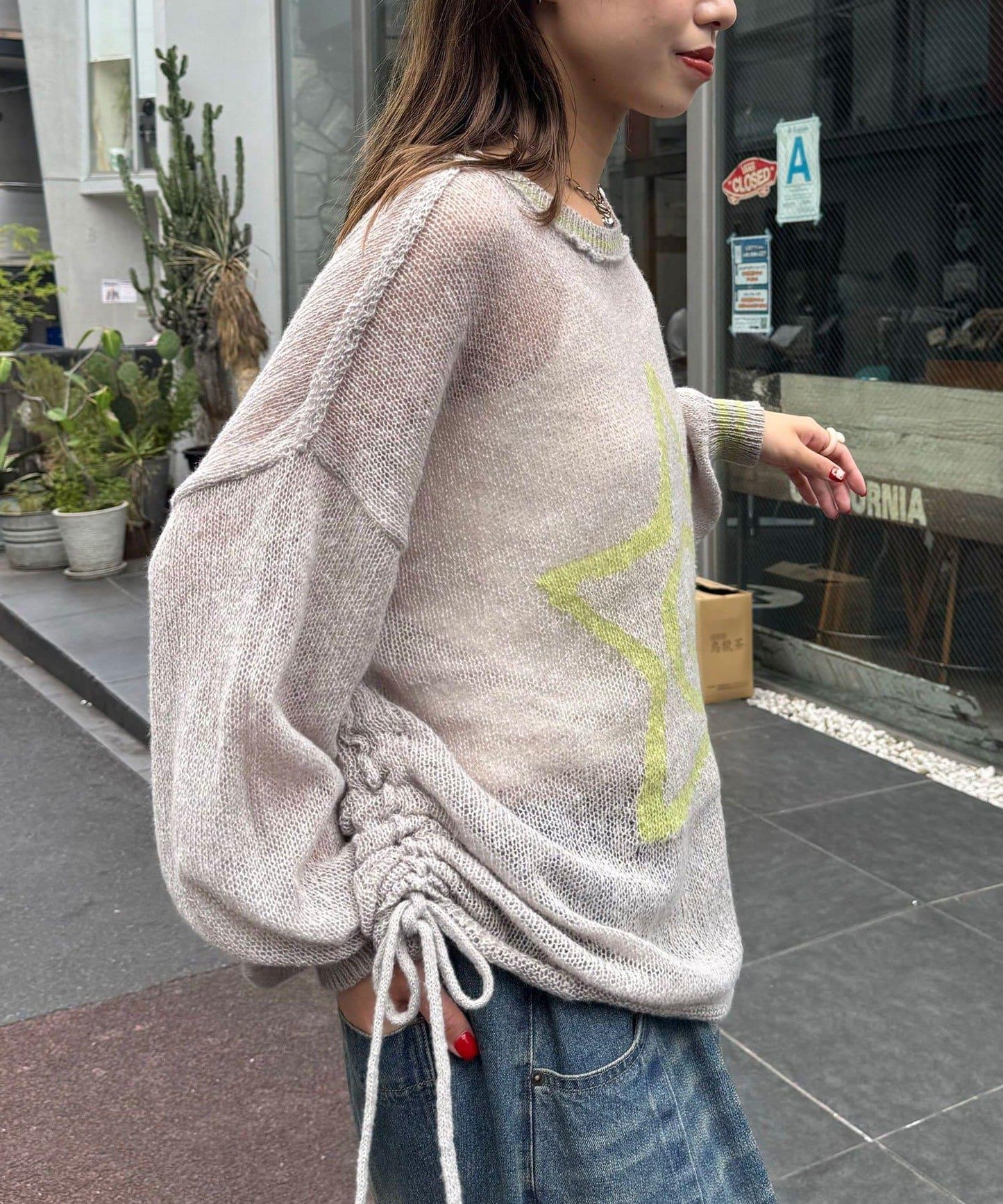 星標徽標荷葉邊透視針織衫