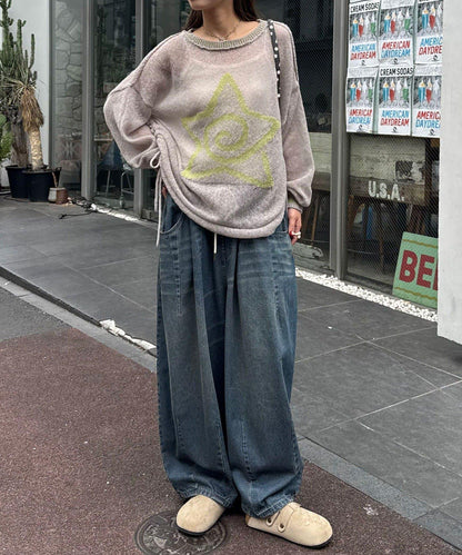 星標徽標荷葉邊透視針織衫