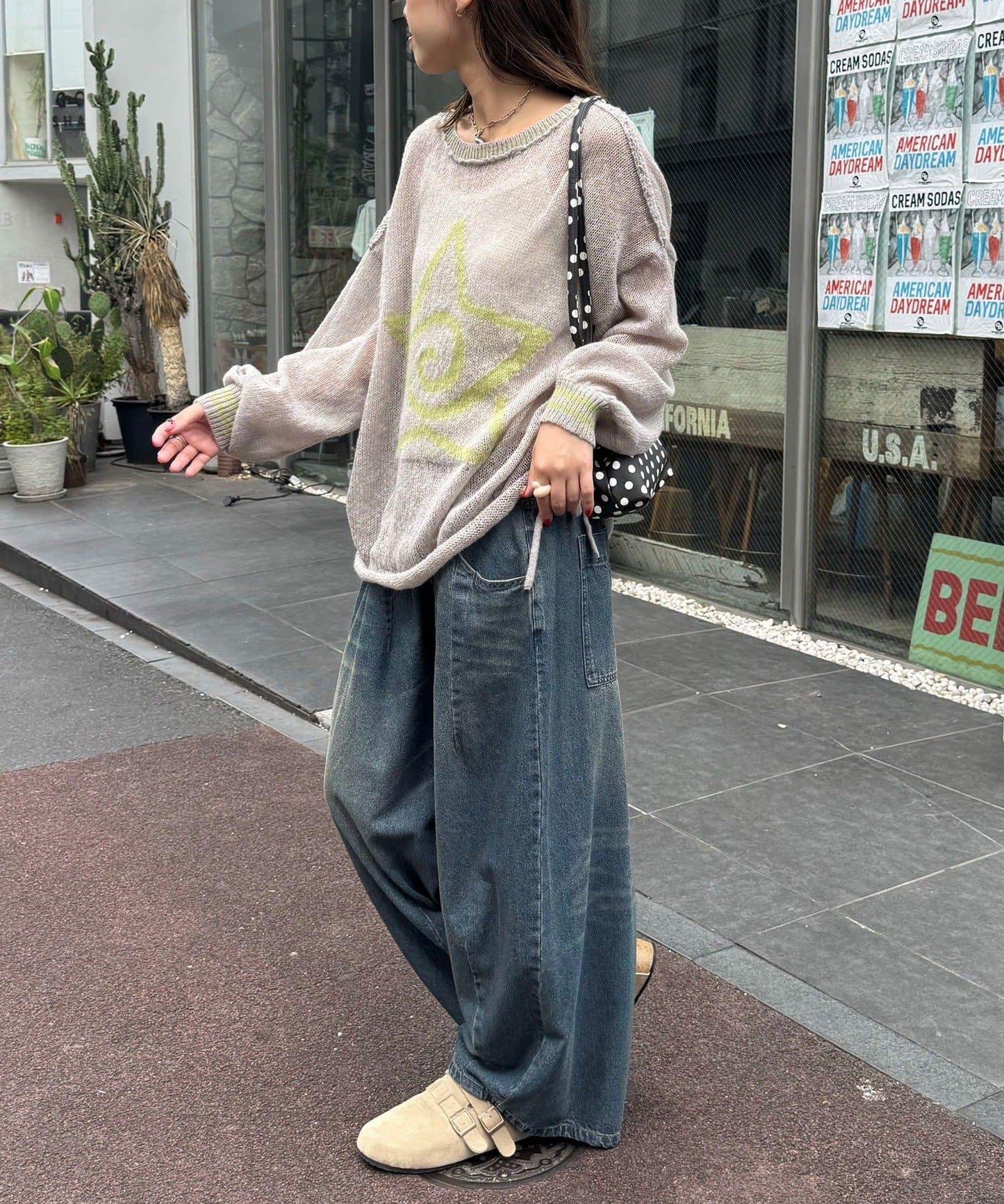星標徽標荷葉邊透視針織衫