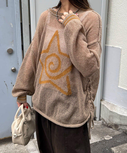 星標徽標荷葉邊透視針織衫