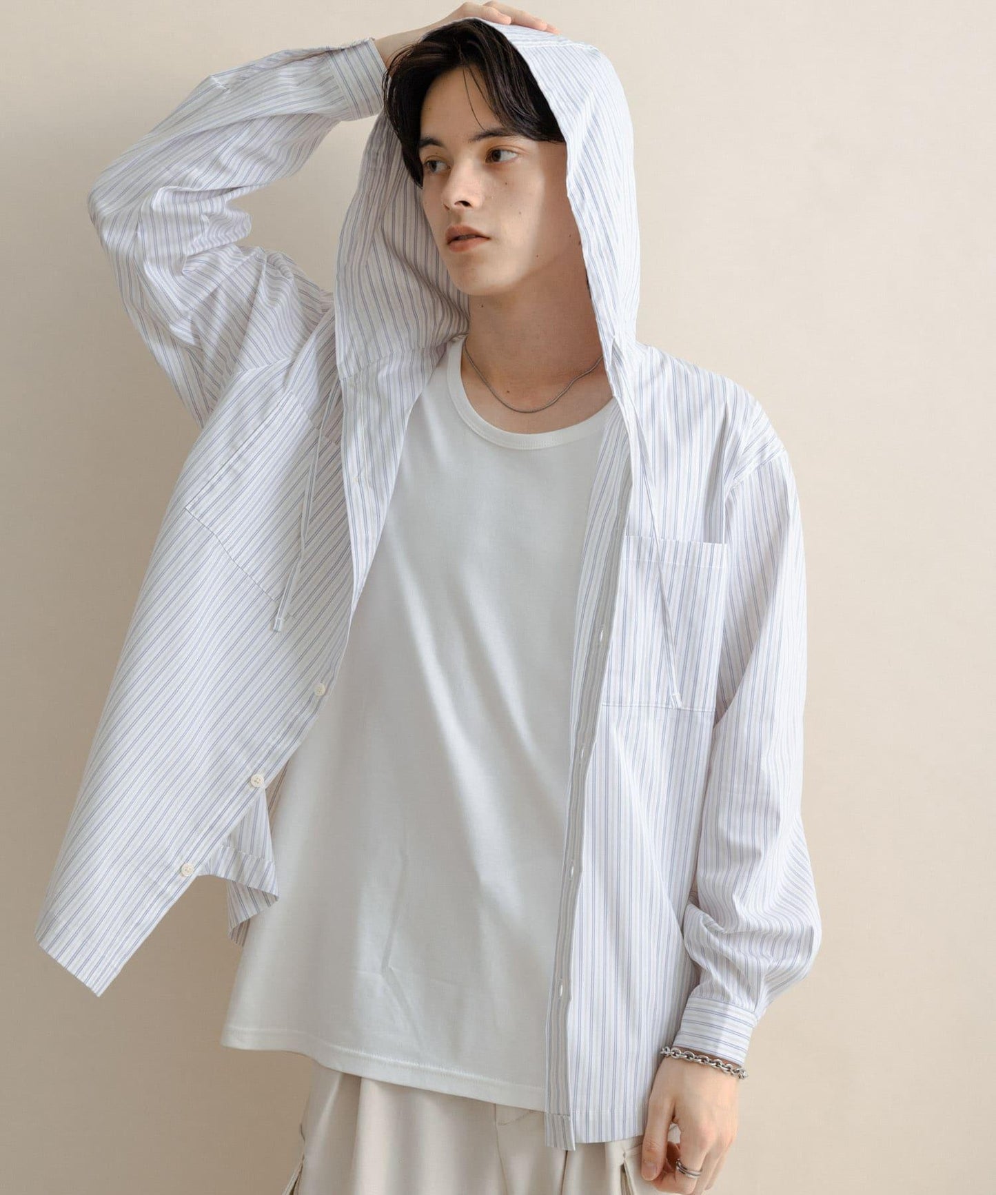 條紋連帽寬鬆襯衫