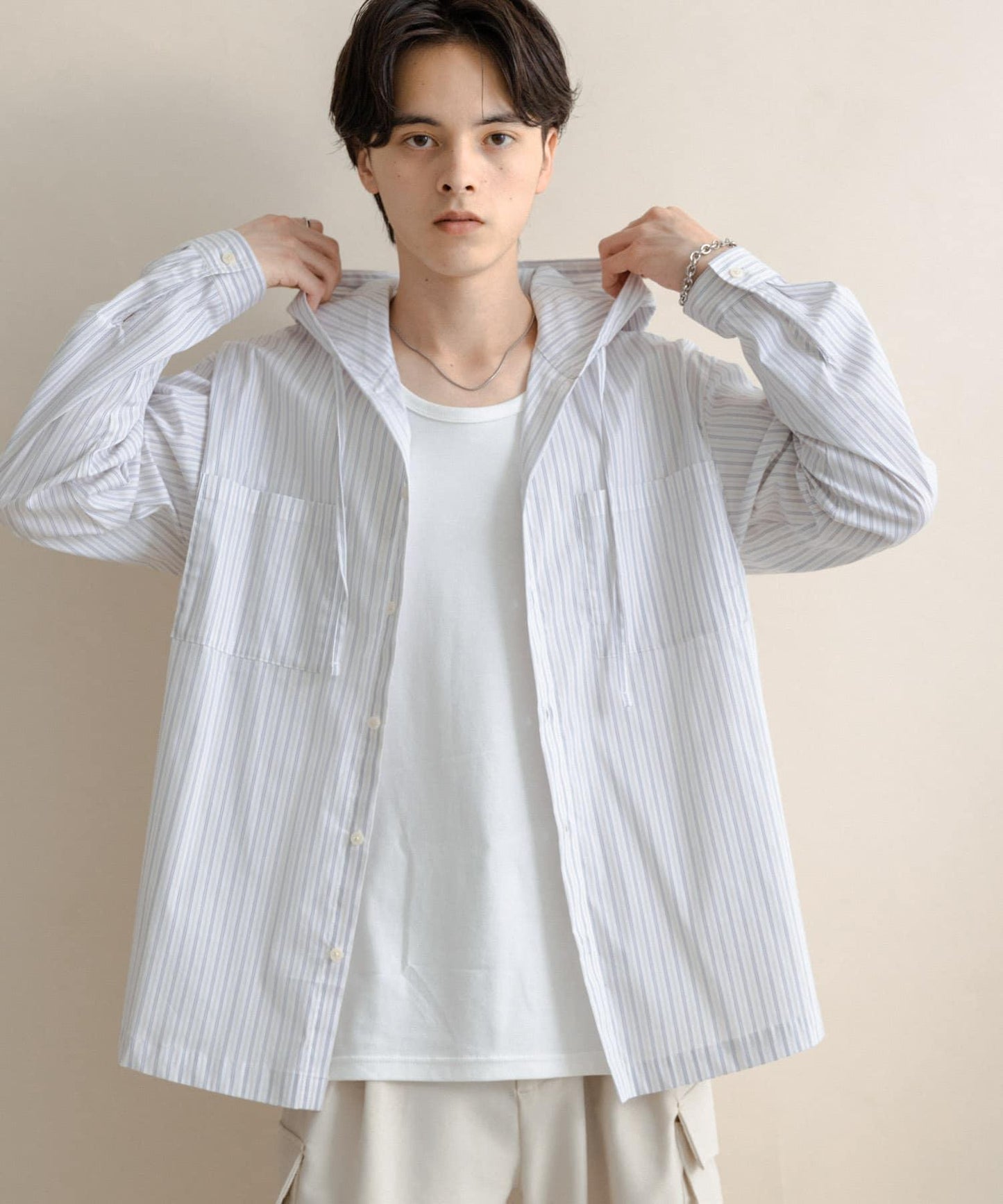 條紋連帽寬鬆襯衫