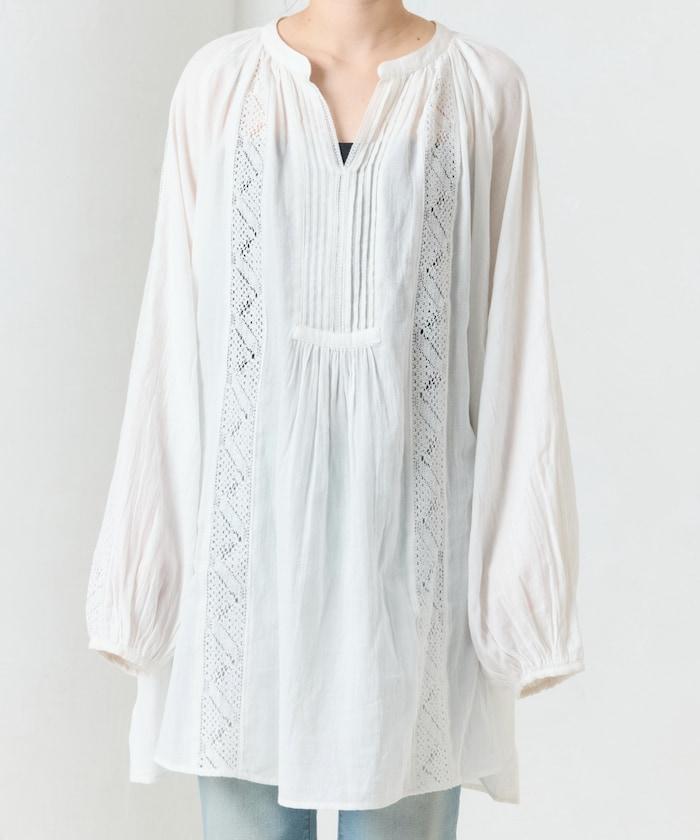 印度蕾絲壓褶長袖襯衫