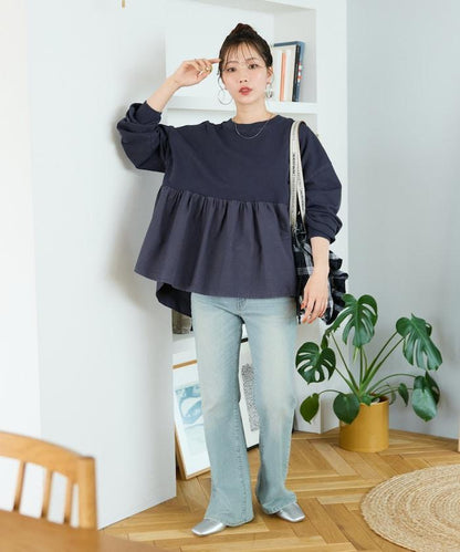 水洗工藝荷葉邊長袖上衣