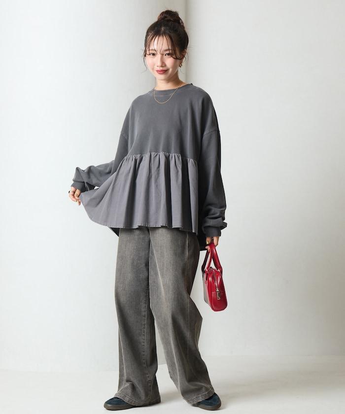 水洗工藝荷葉邊長袖上衣