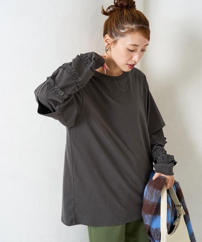 袖部荷葉邊疊層長袖T恤