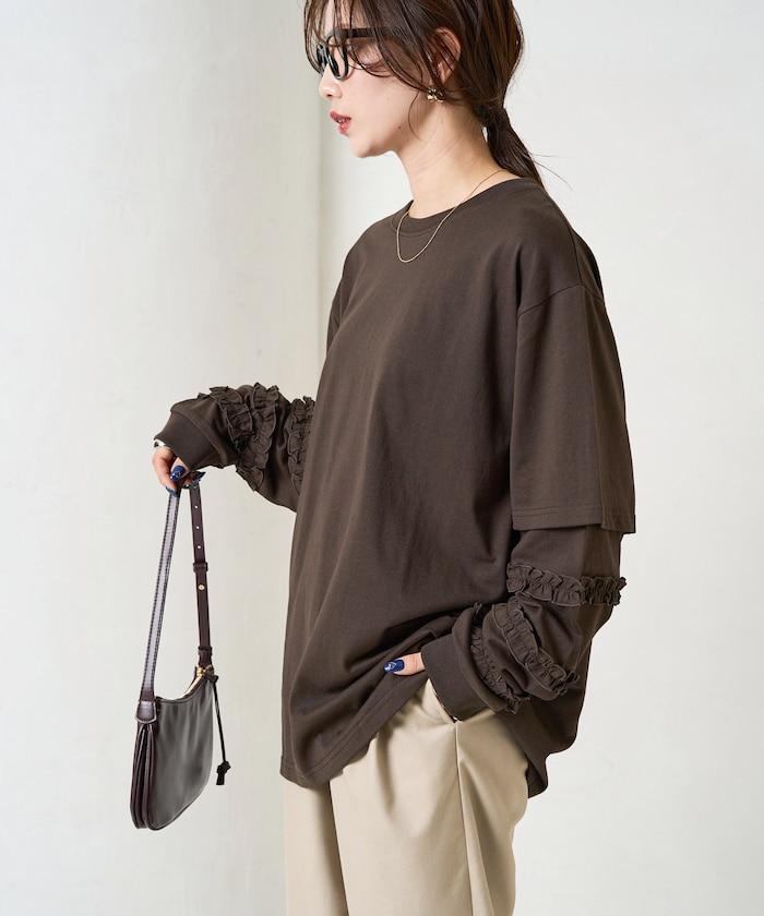袖部荷葉邊疊層長袖T恤