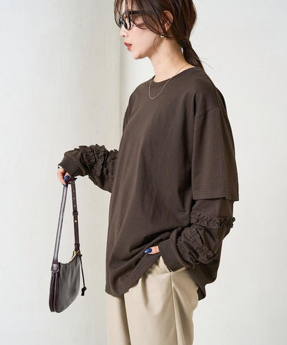 袖部荷葉邊疊層長袖T恤