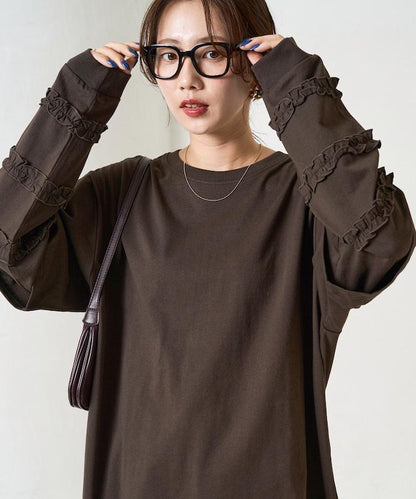 袖部荷葉邊疊層長袖T恤