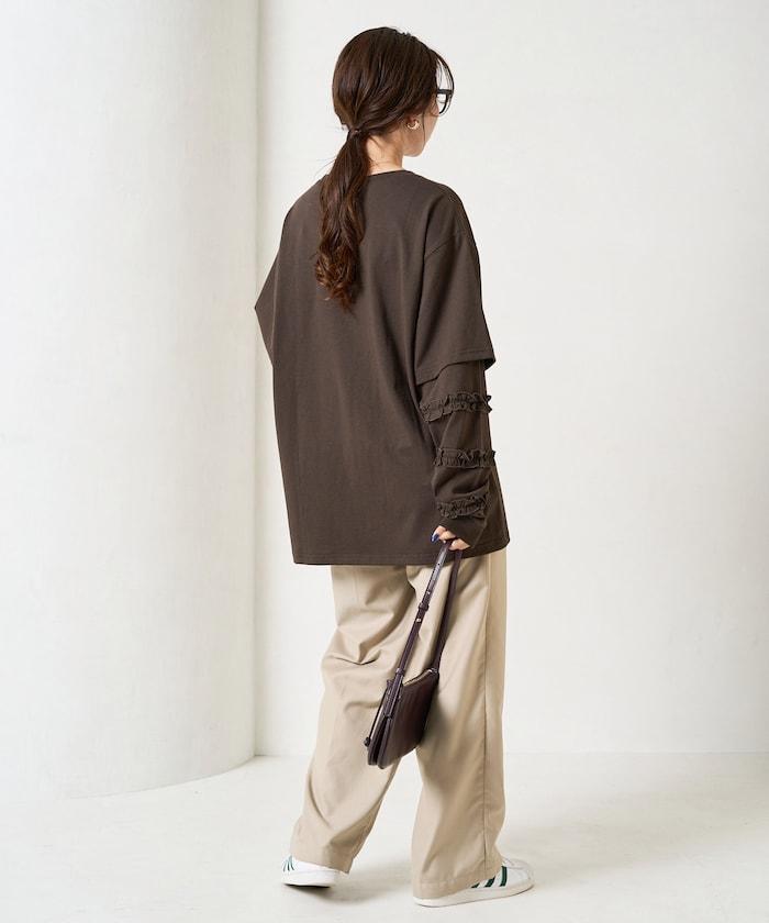 袖部荷葉邊疊層長袖T恤