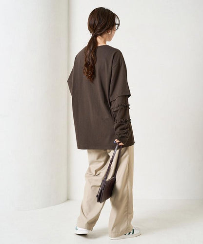 袖部荷葉邊疊層長袖T恤