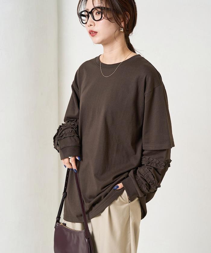 袖部荷葉邊疊層長袖T恤