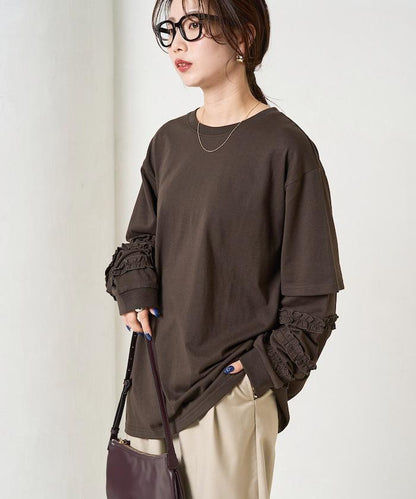 袖部荷葉邊疊層長袖T恤