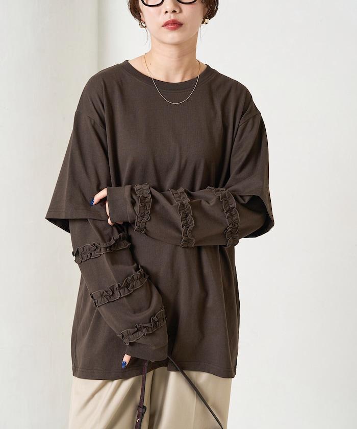 袖部荷葉邊疊層長袖T恤