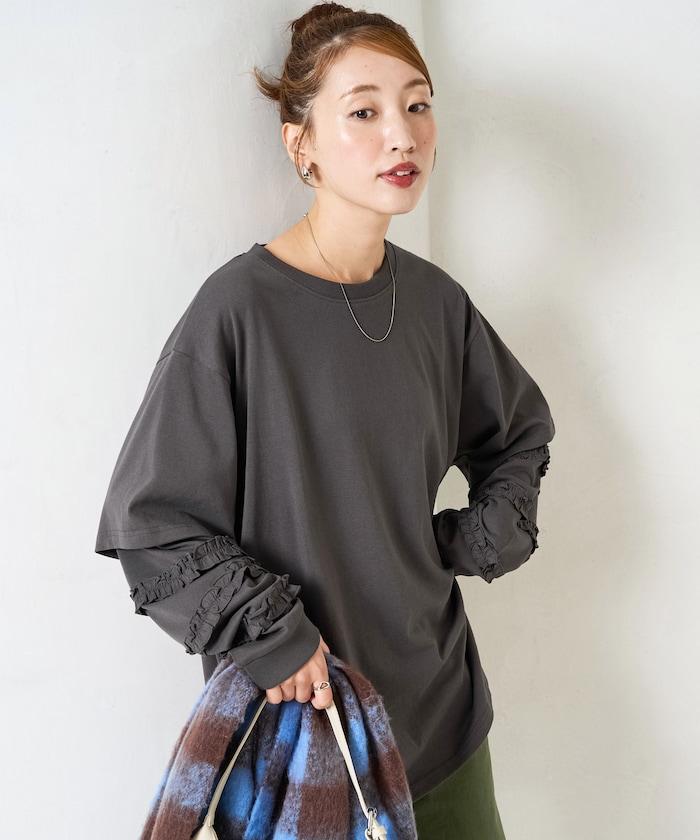 袖部荷葉邊疊層長袖T恤