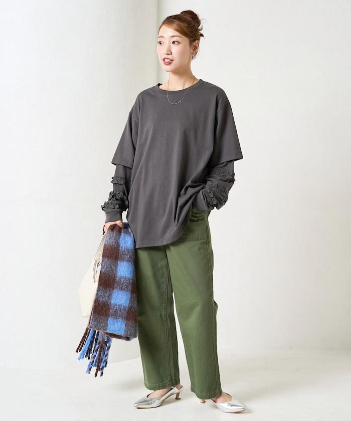 袖部荷葉邊疊層長袖T恤