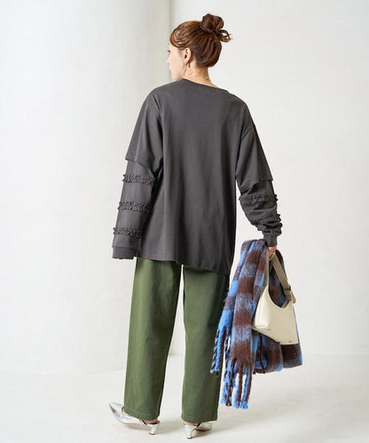 袖部荷葉邊疊層長袖T恤