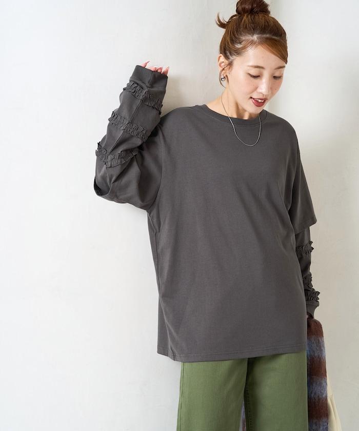 袖部荷葉邊疊層長袖T恤