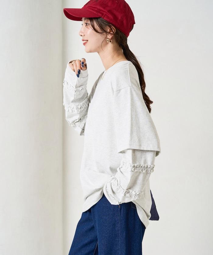 袖部荷葉邊疊層長袖T恤