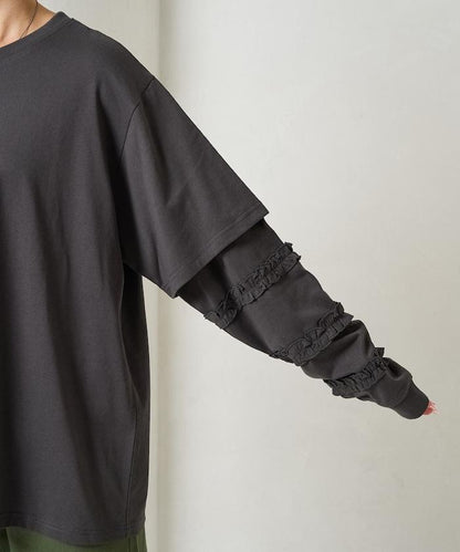 袖部荷葉邊疊層長袖T恤