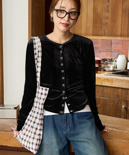 天鵝絨紐扣開衫