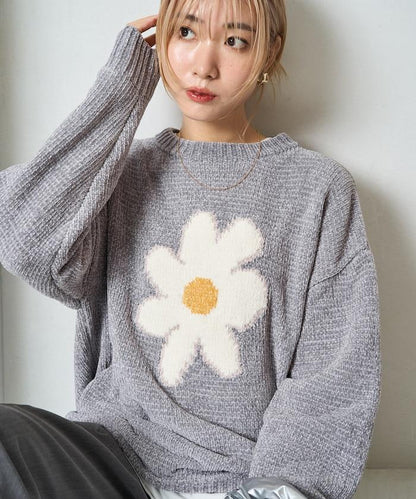 花卉絨球針織套頭衫