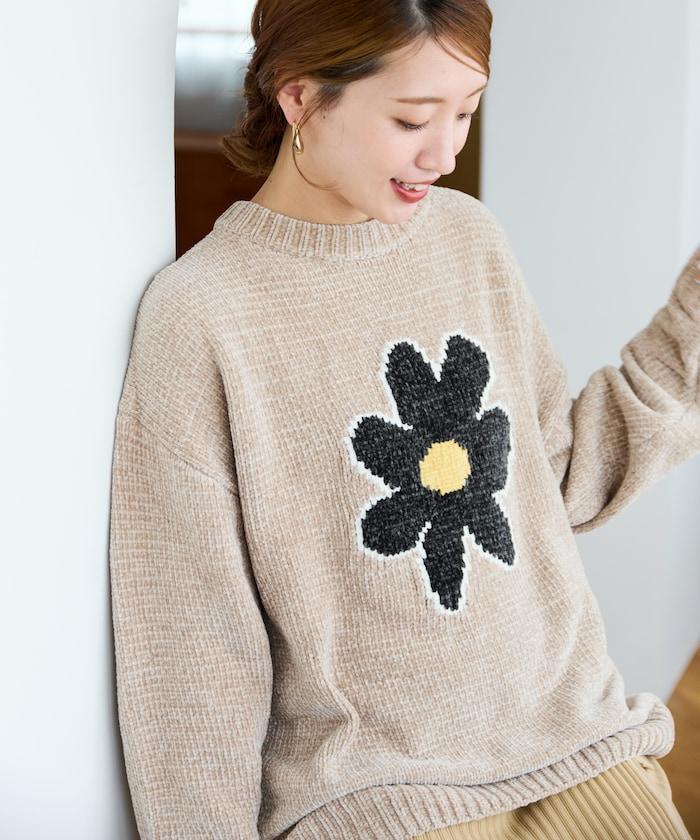 花卉絨球針織套頭衫