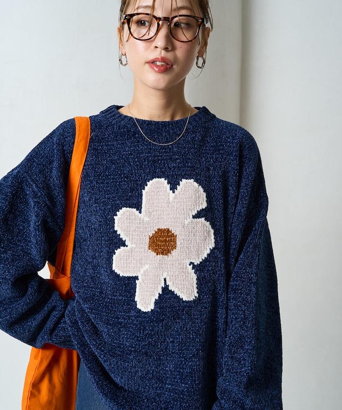 花卉絨球針織套頭衫