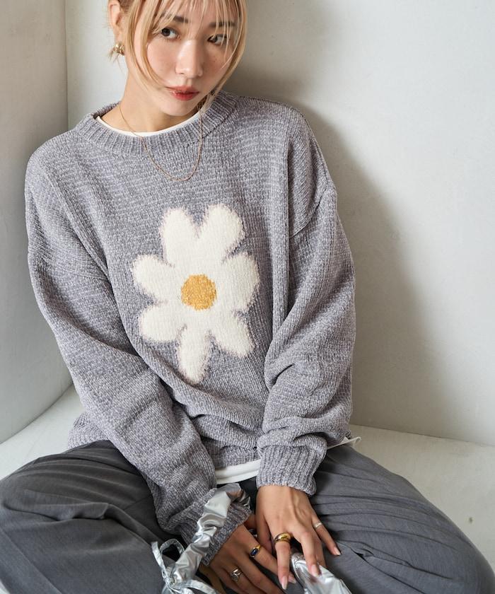 花卉絨球針織套頭衫