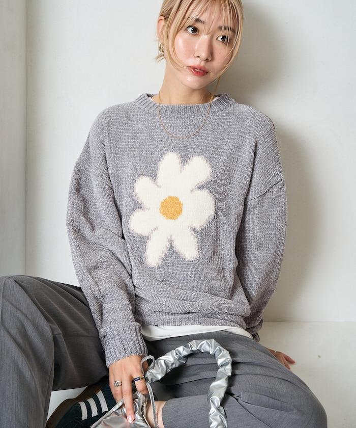 花卉絨球針織套頭衫
