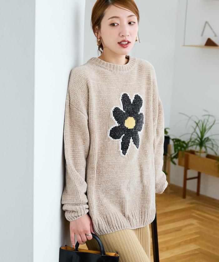 花卉絨球針織套頭衫