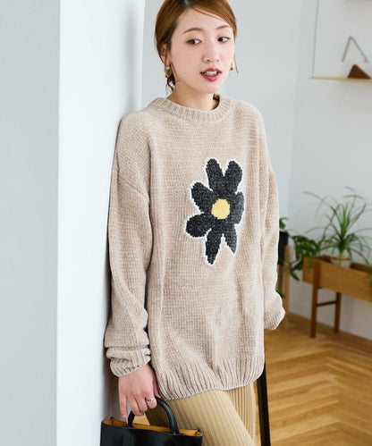 花卉絨球針織套頭衫