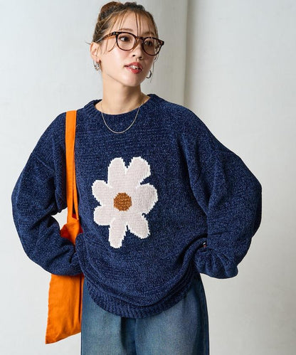 花卉絨球針織套頭衫