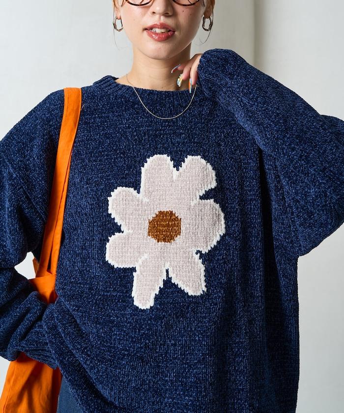 花卉絨球針織套頭衫