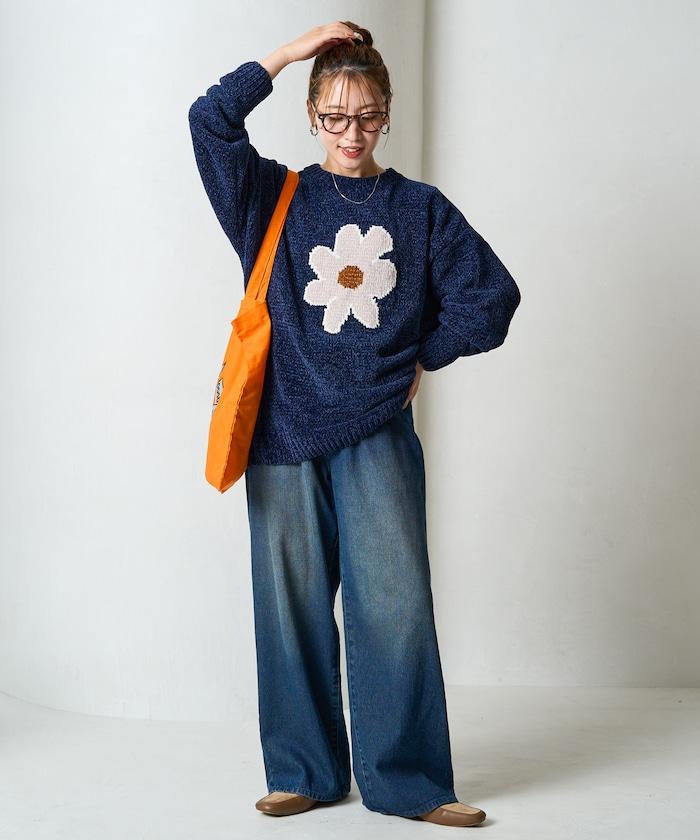 花卉絨球針織套頭衫