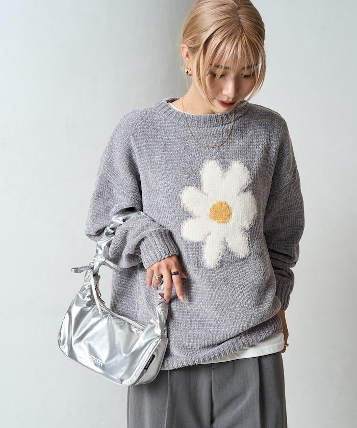 花卉絨球針織套頭衫