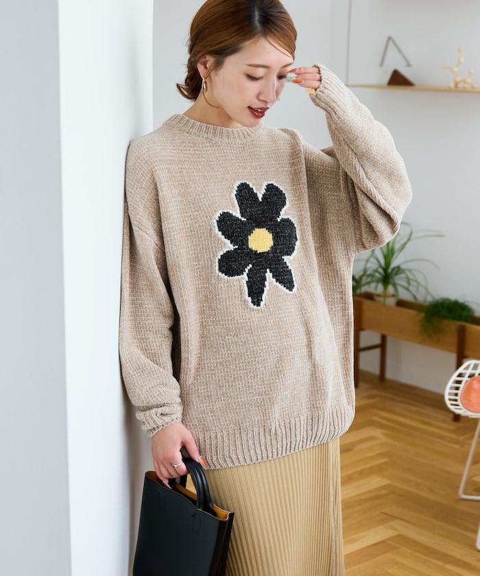 花卉絨球針織套頭衫