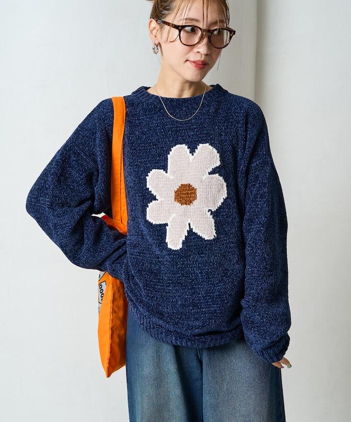 花卉絨球針織套頭衫