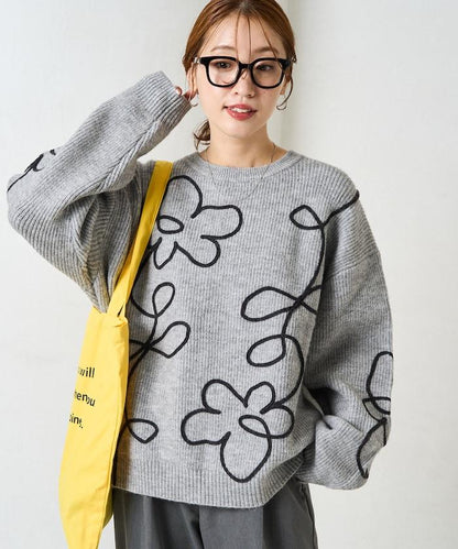 刺繡花卉圖案針織套頭衫