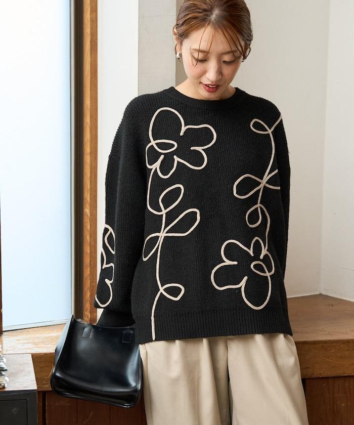 刺繡花卉圖案針織套頭衫