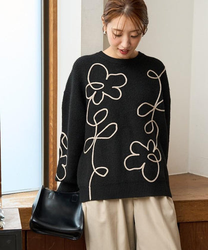 刺繡花卉圖案針織套頭衫